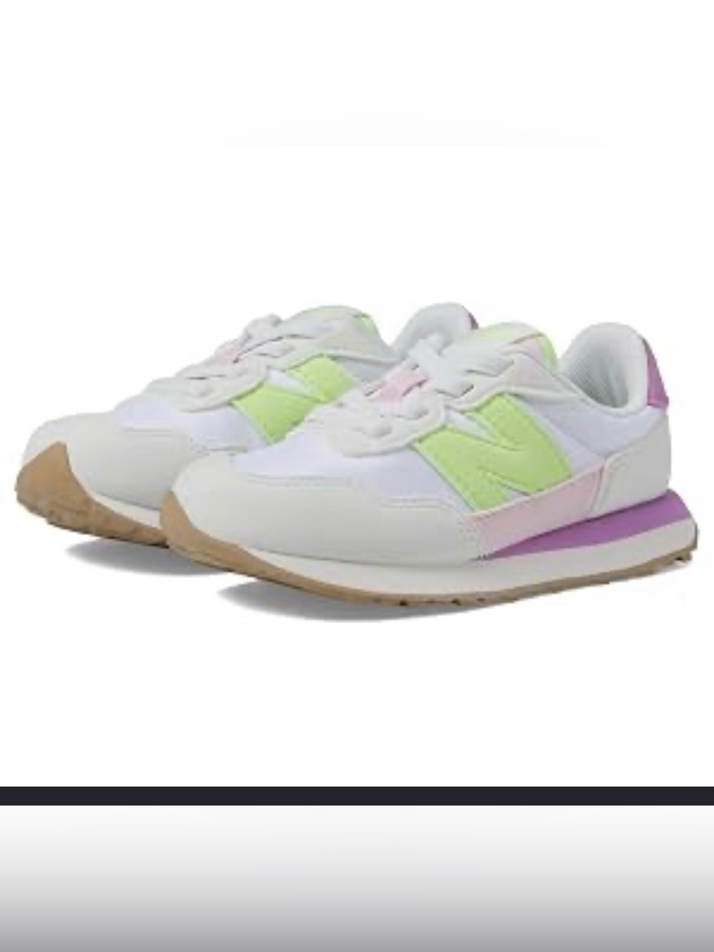 New Balance Kids White Sneakers with Lime Green and Lavender Accents